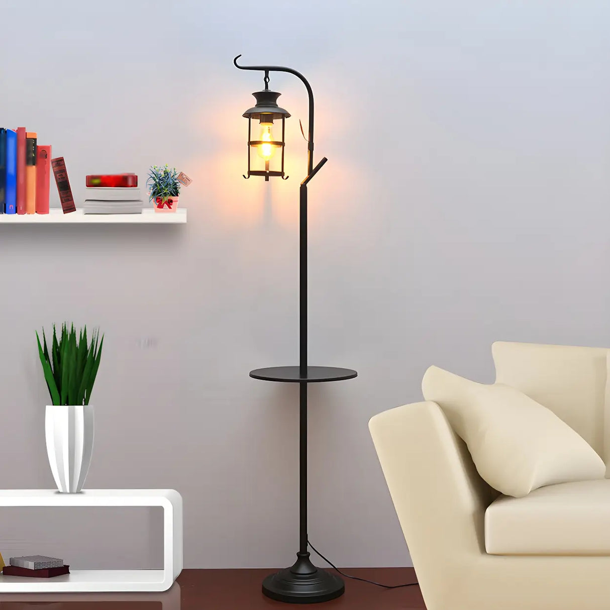 Vintage Lantern Black Metal Floor Lamp with Shelf Image - 1