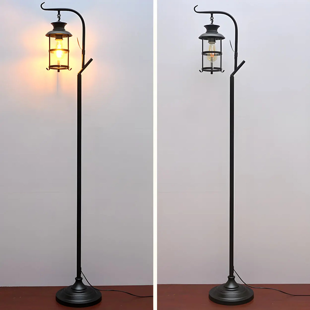 Vintage Lantern Black Metal Floor Lamp with Shelf Image - 10