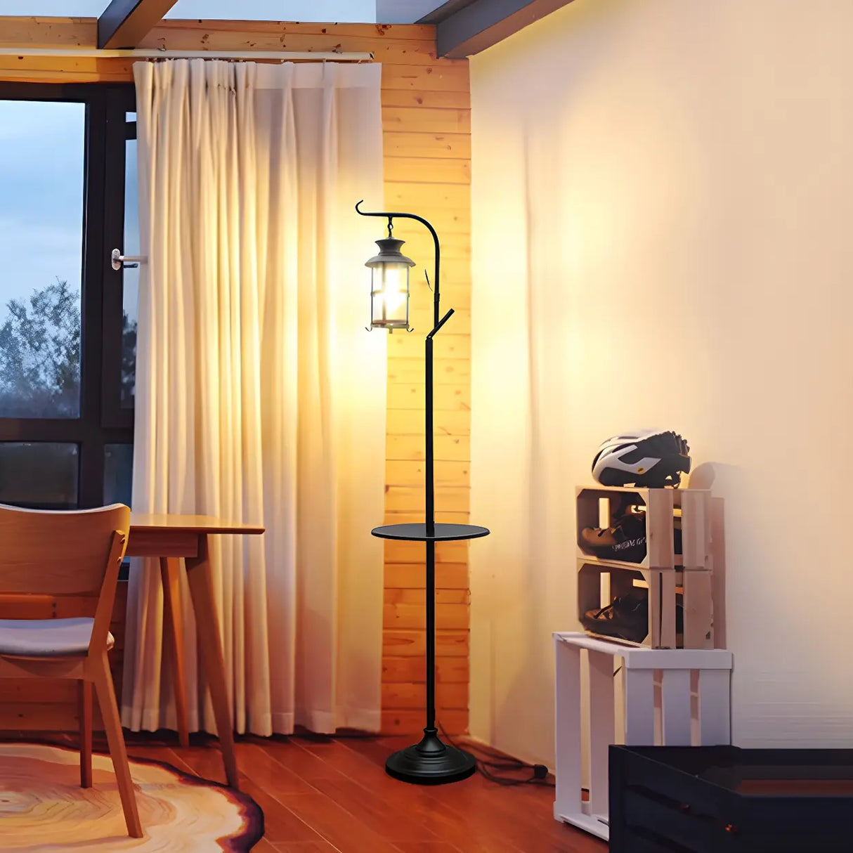 Vintage Lantern Black Metal Floor Lamp with Shelf Image - 2