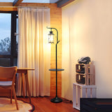 Vintage Lantern Black Metal Floor Lamp with Shelf Image - 2
