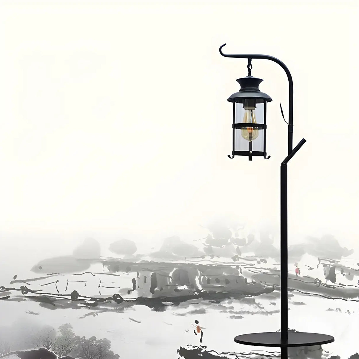 Vintage Lantern Black Metal Floor Lamp with Shelf Image - 3