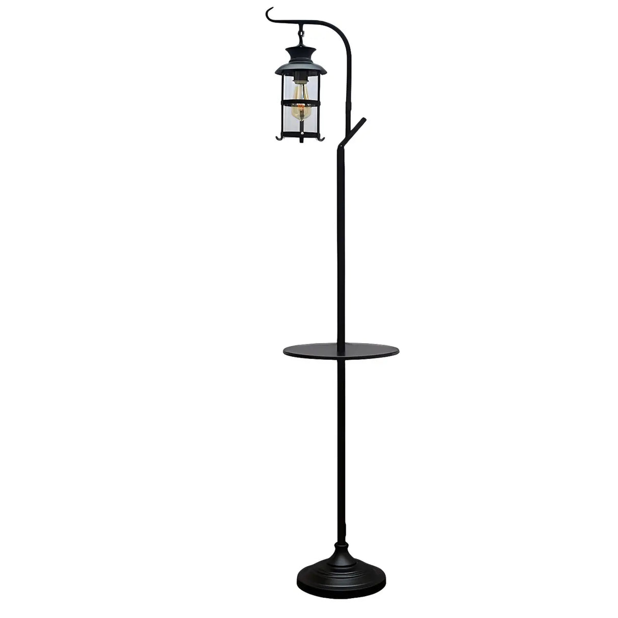 Vintage Lantern Black Metal Floor Lamp with Shelf Image - 5