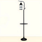 Vintage Lantern Black Metal Floor Lamp with Shelf Image - 7