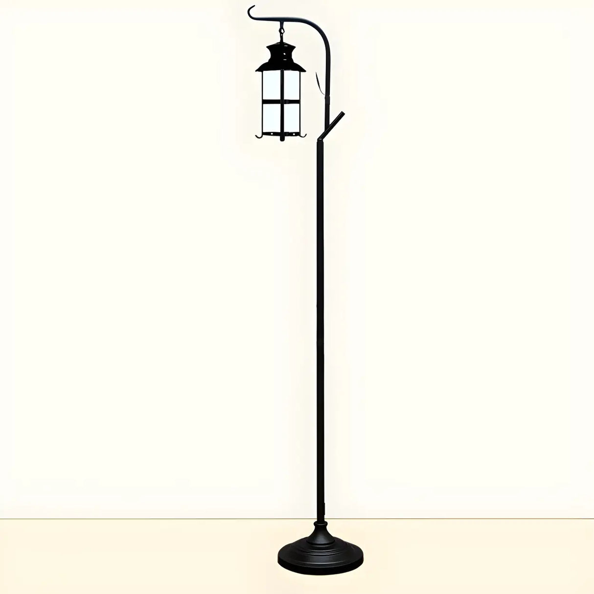 Vintage Lantern Black Metal Floor Lamp with Shelf Image - 8
