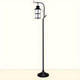Vintage Lantern Black Metal Floor Lamp with Shelf Image - 8
