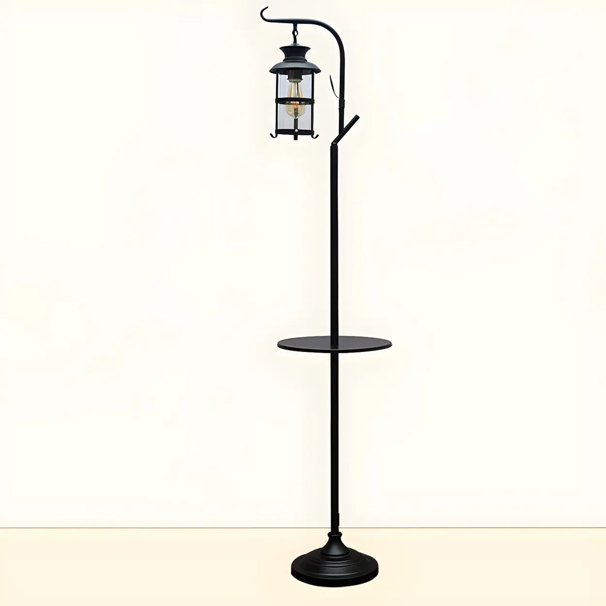 Vintage Lantern Black Metal Floor Lamp with Shelf Image - 9