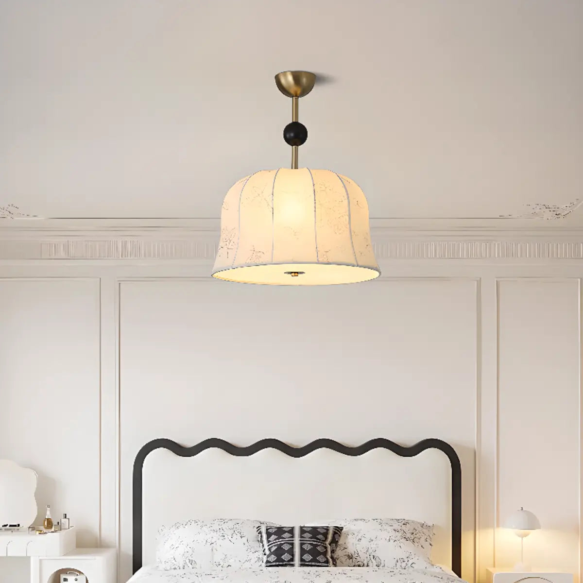 Vintage Lantern Fabric Pendant Bedroom White Chandelier Image - 6