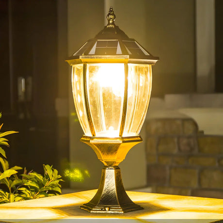 Vintage Lantern Glass Solar Outdoor Post Table Lamp Image - 1