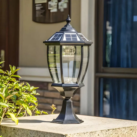Vintage Lantern Glass Solar Outdoor Post Table Lamp Image - 2