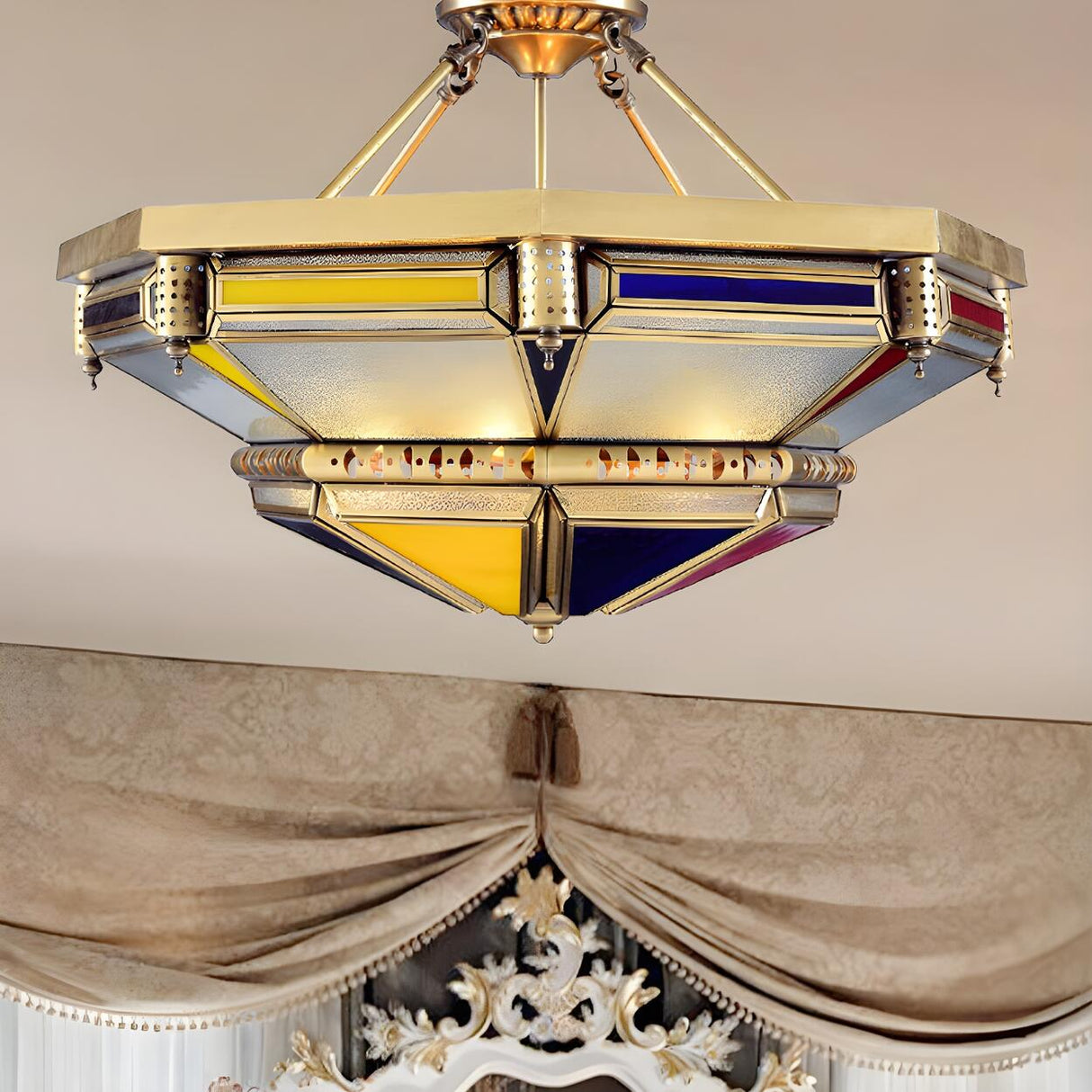 Vintage Large Tower Shape Brass Semi-Flush Mount Light Image - 2