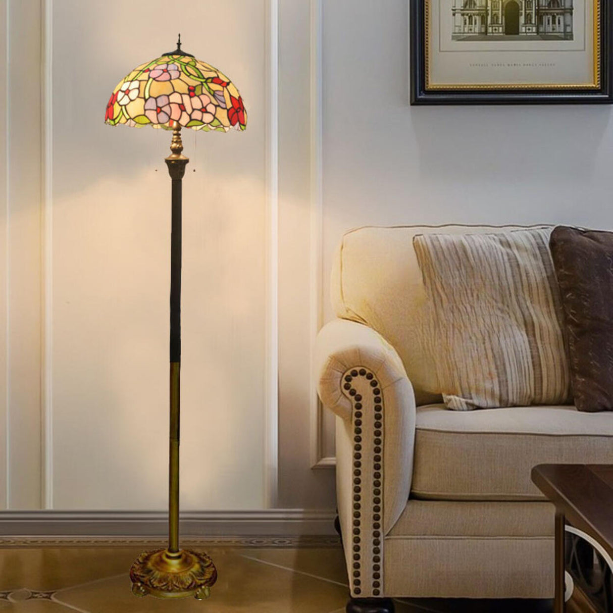 Vintage Modish Stained-Glass Dome Metal Floor Light Image - 7