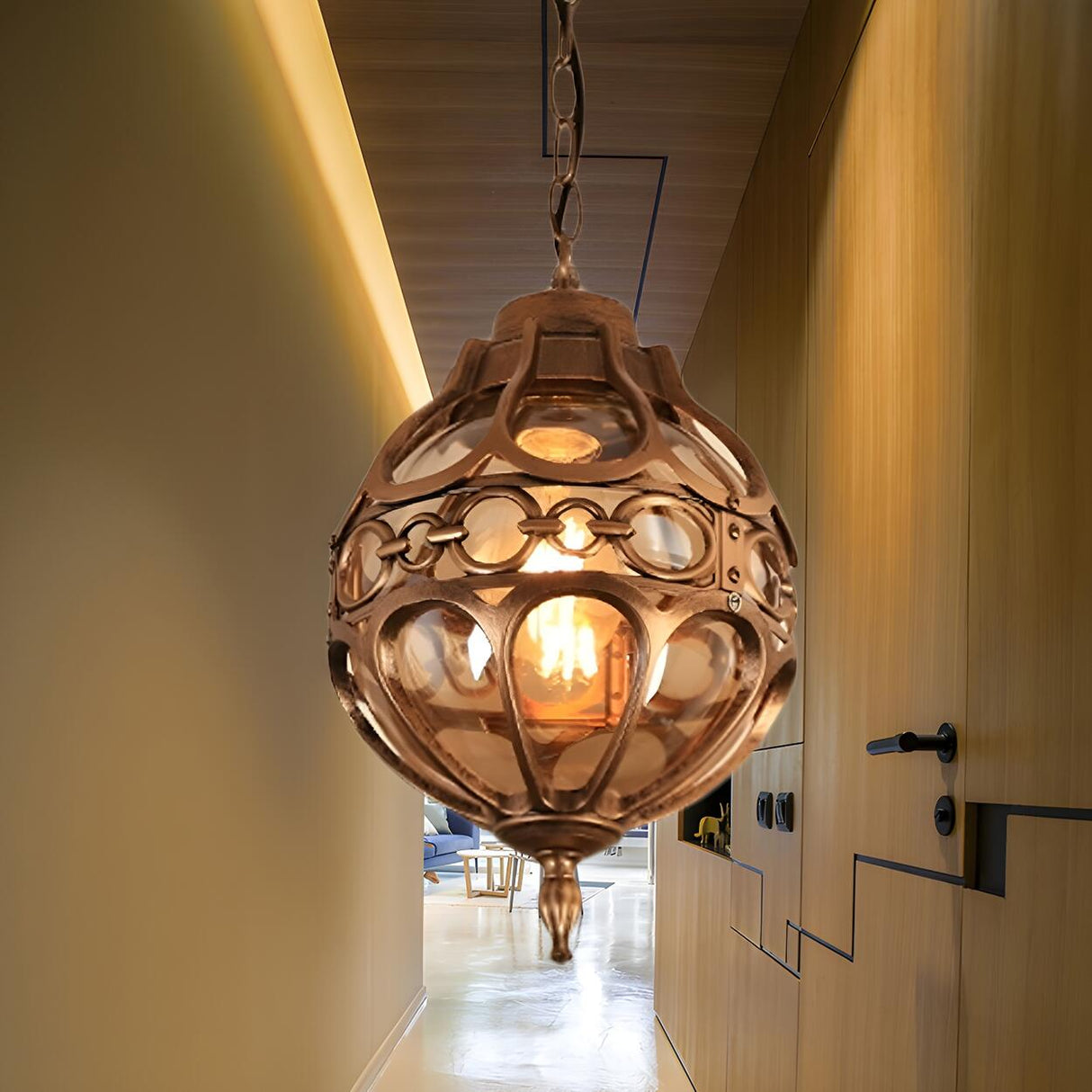 Vintage Moroccan Amber Glass Lantern Pendant Light Image - 4