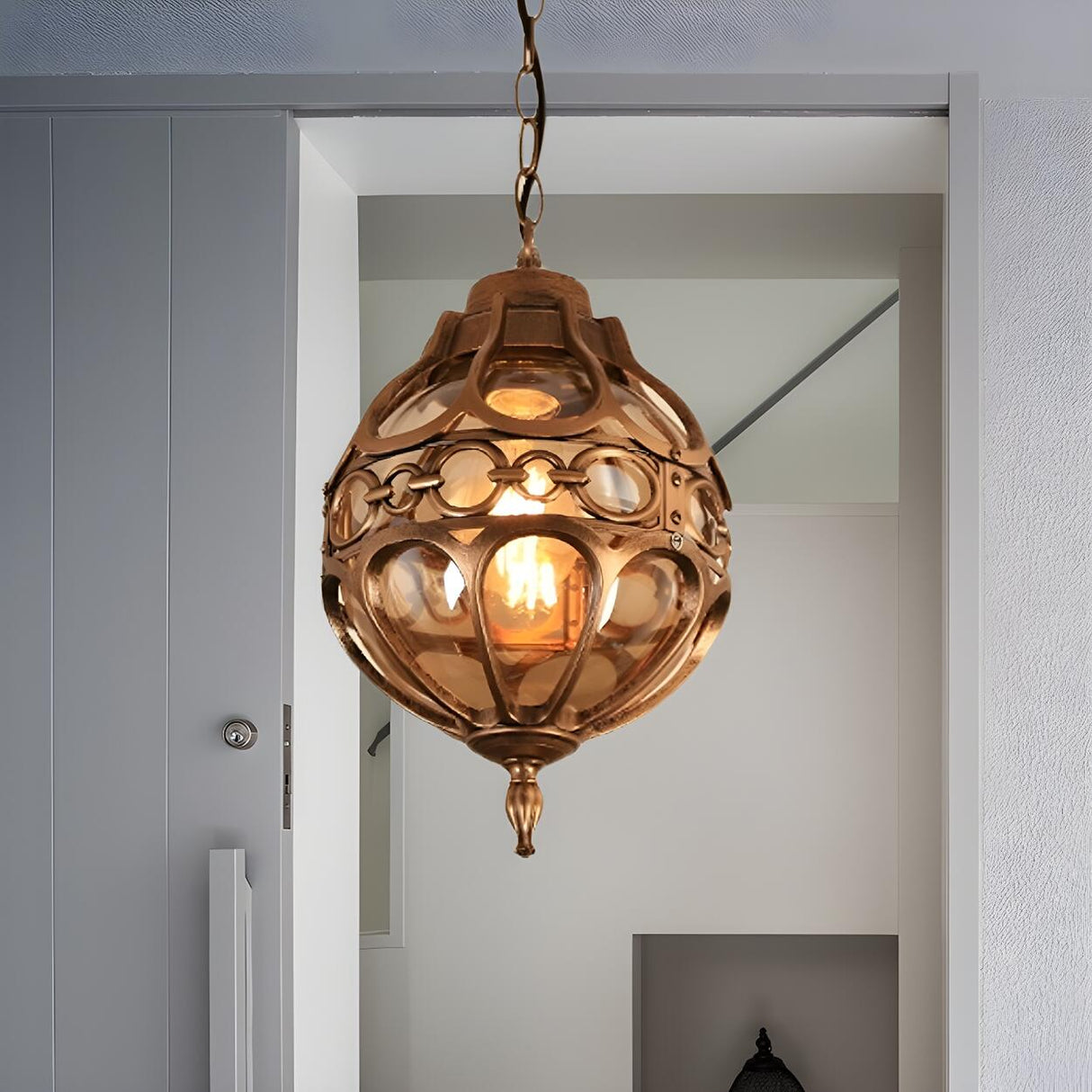 Vintage Moroccan Amber Glass Lantern Pendant Light Image - 5