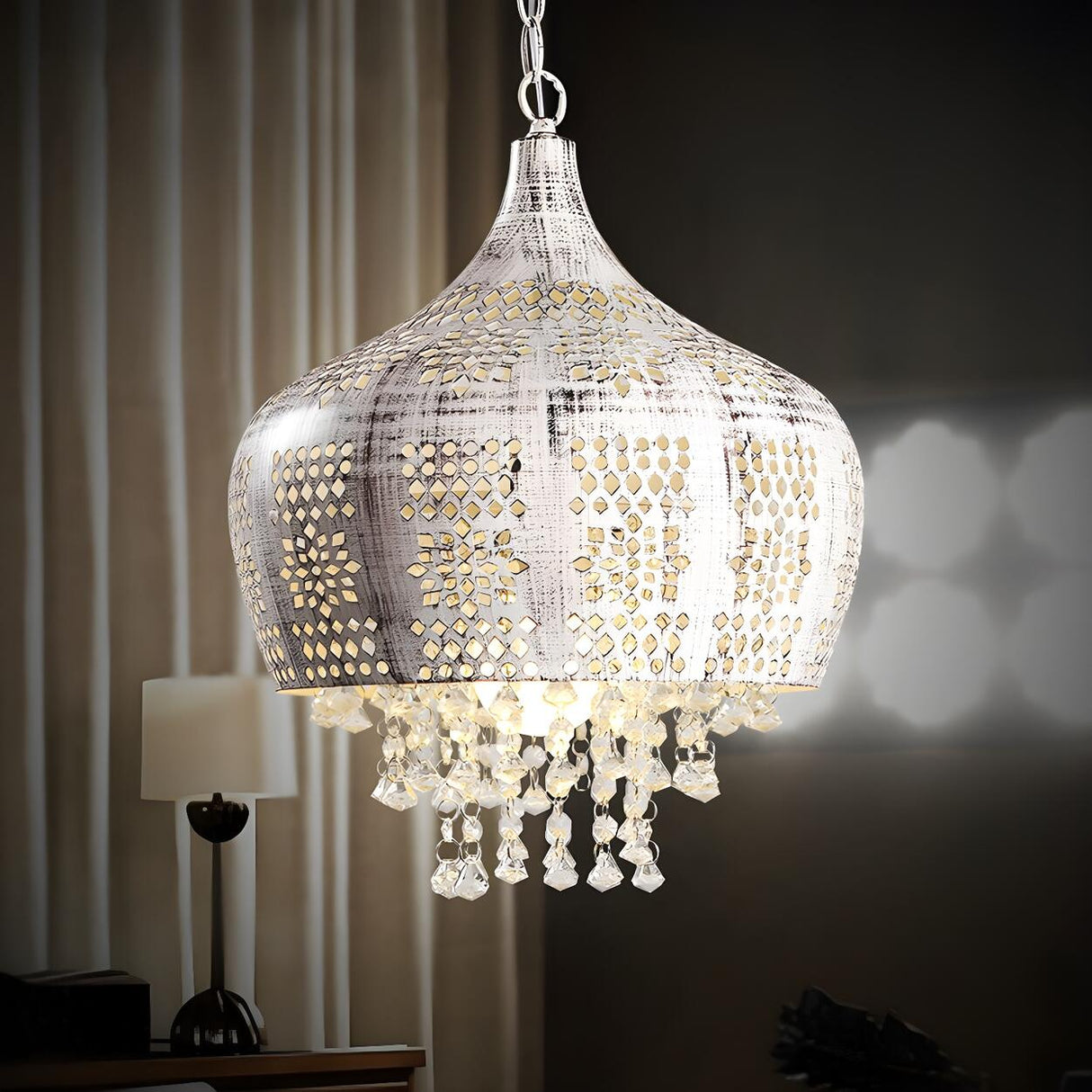 Vintage Moroccan Crystal Deco Dome Dining Room Pendant Light Image - 2