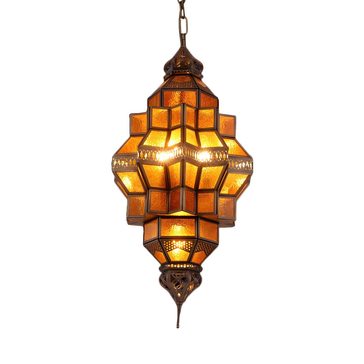 Vintage Moroccan Lantern Amber Glass Restaurant Chandelier Image - 4
