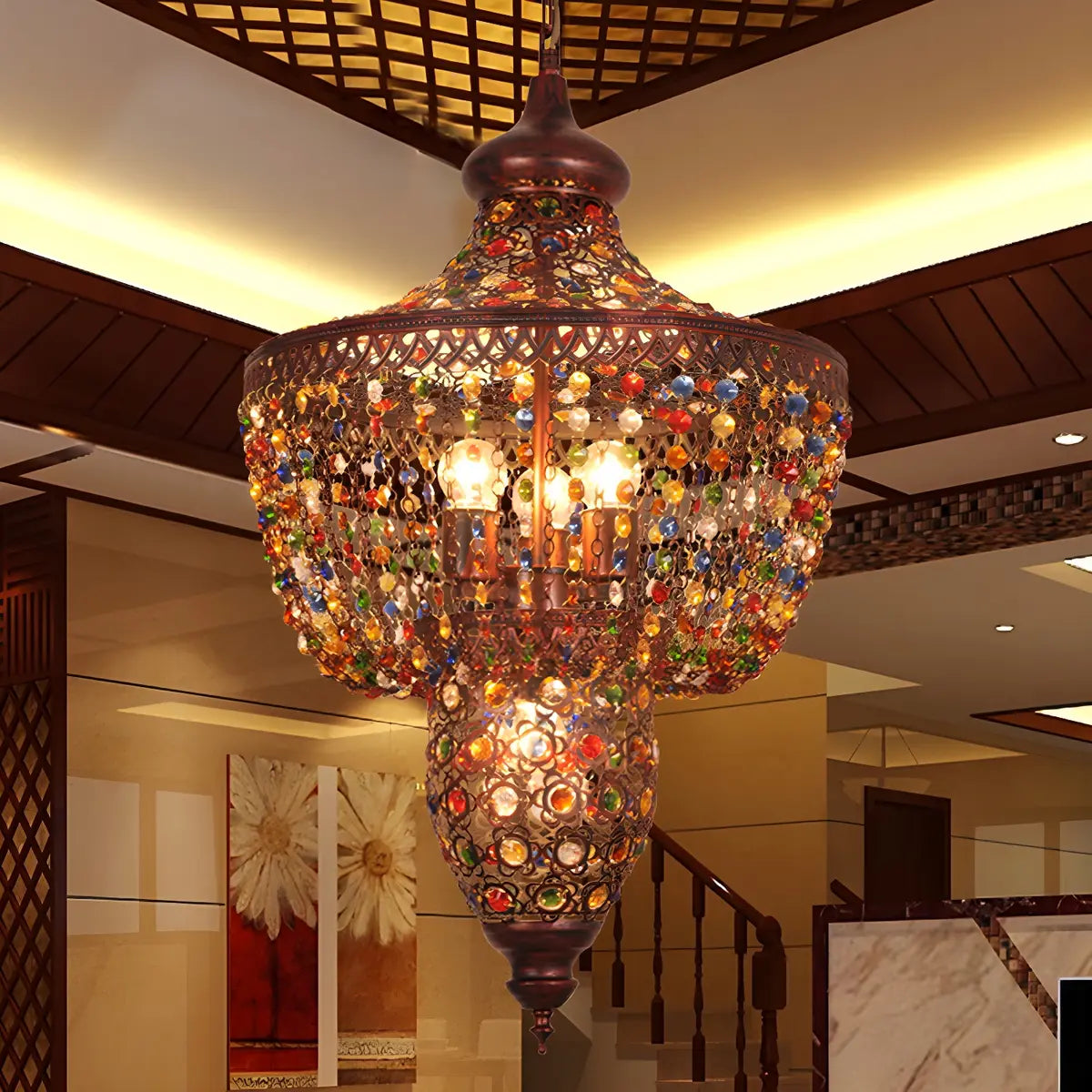 Vintage Moroccan Tiered Colorful Crystal Gem Chandelier Image - 1