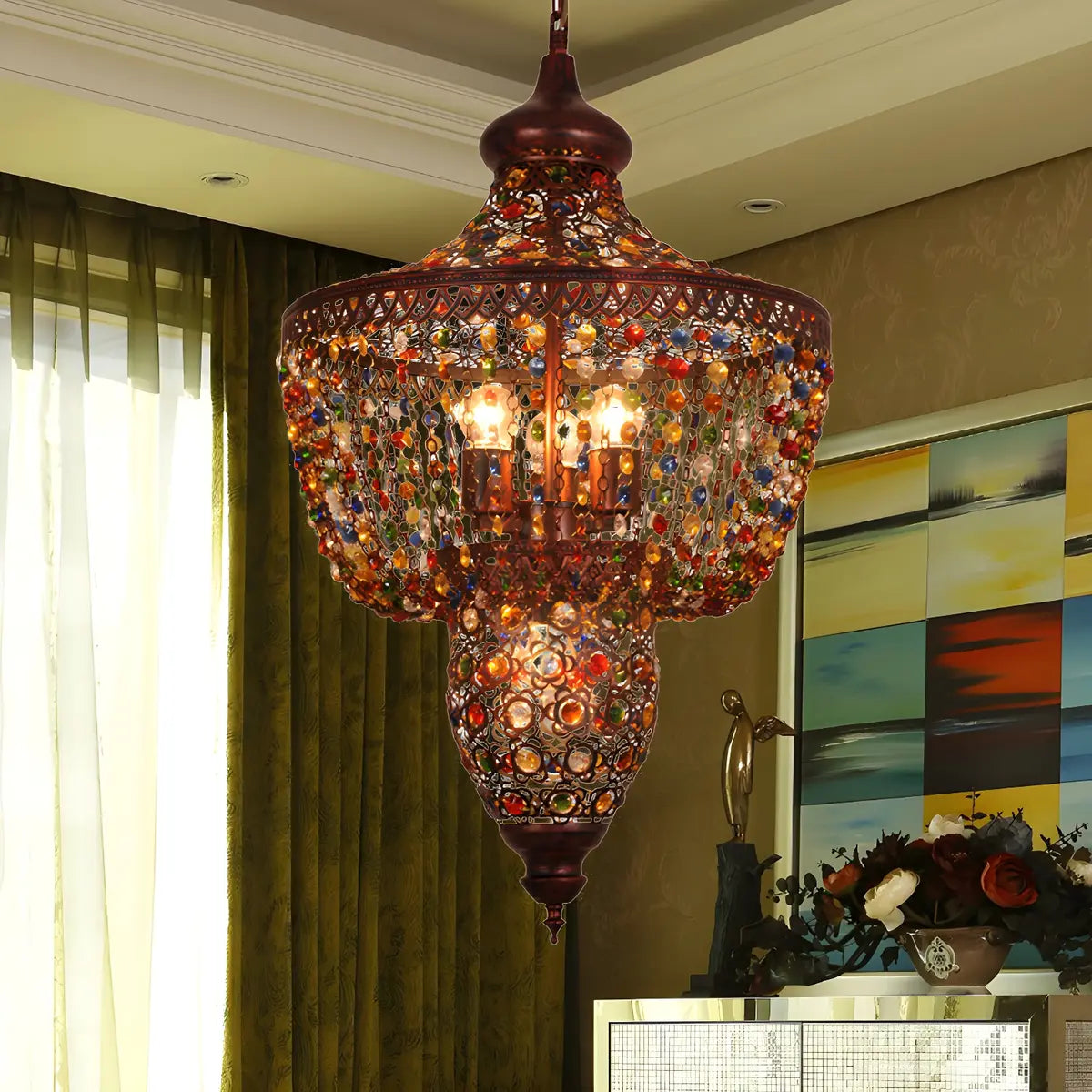 Vintage Moroccan Tiered Colorful Crystal Gem Chandelier Image - 2