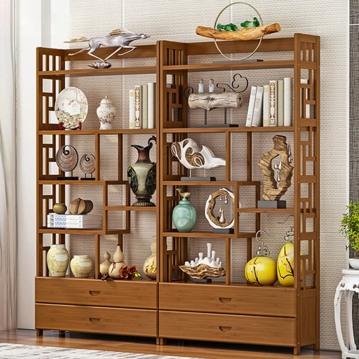 Vintage Natural Finish Open Bamboo Lattice Bookcase Image - 1