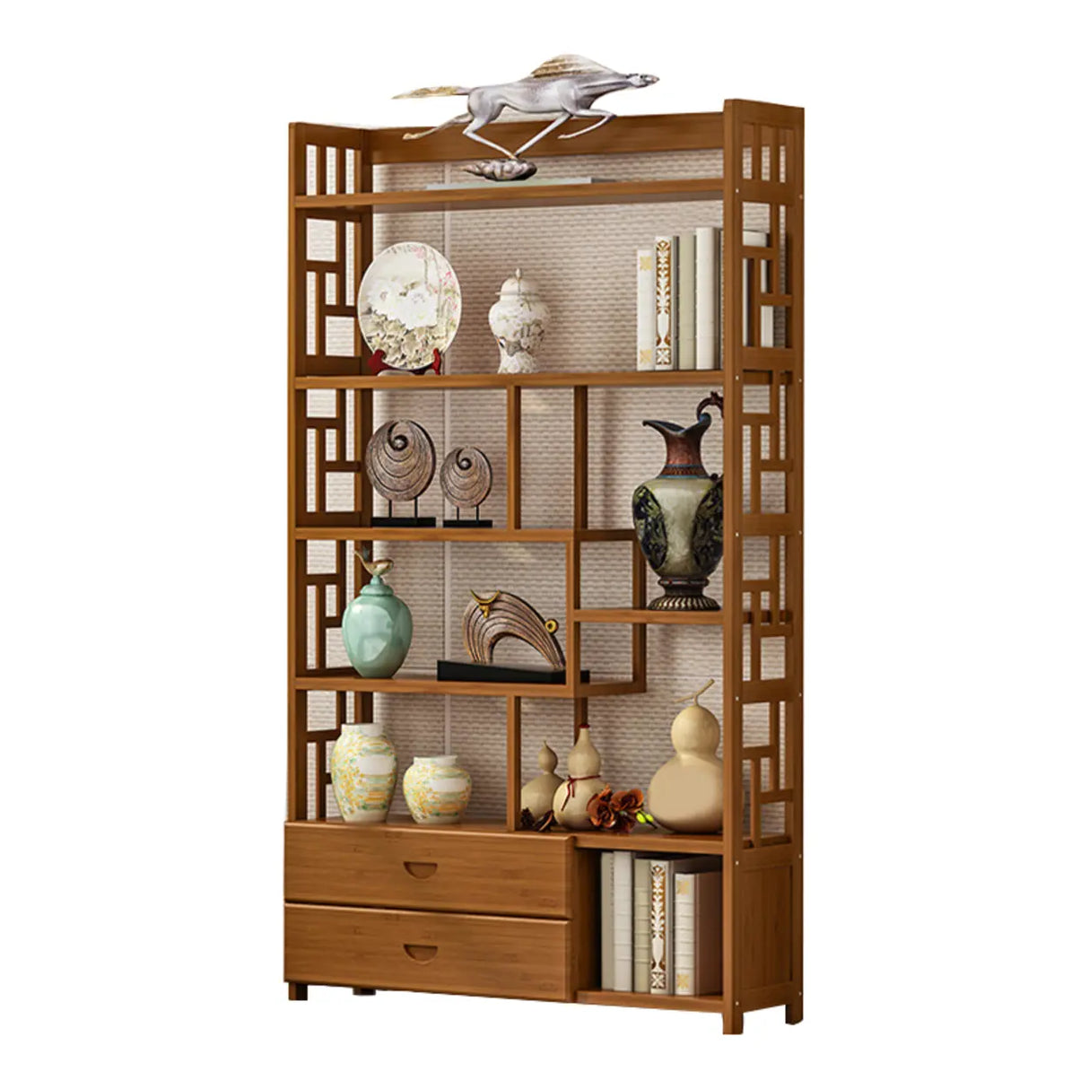 Vintage Natural Finish Open Bamboo Lattice Bookcase Image - 10