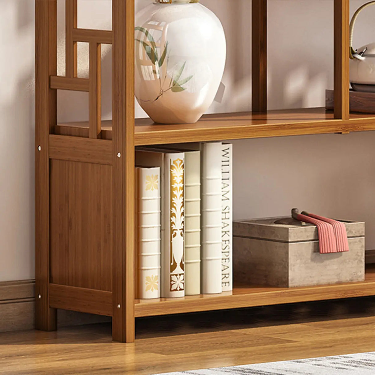 Vintage Natural Finish Open Bamboo Lattice Bookcase Image - 12
