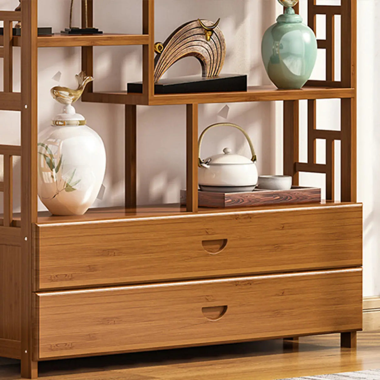 Vintage Natural Finish Open Bamboo Lattice Bookcase Image - 14