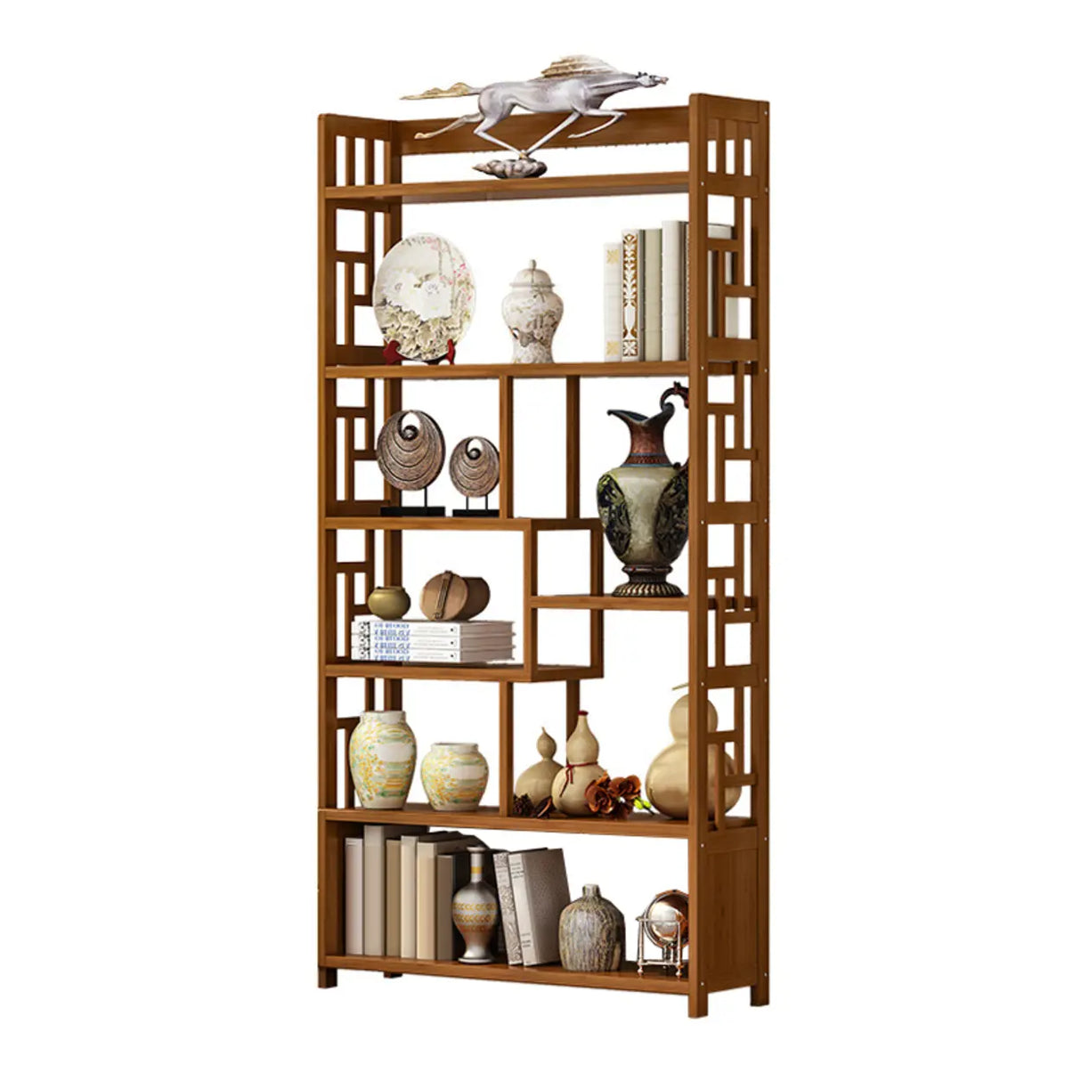 Vintage Natural Finish Open Bamboo Lattice Bookcase Image - 2