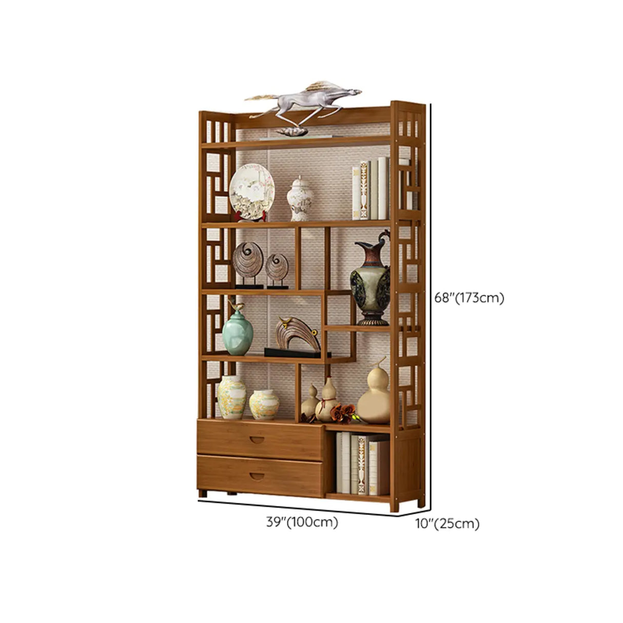 Vintage Natural Finish Open Bamboo Lattice Bookcase Image - 20