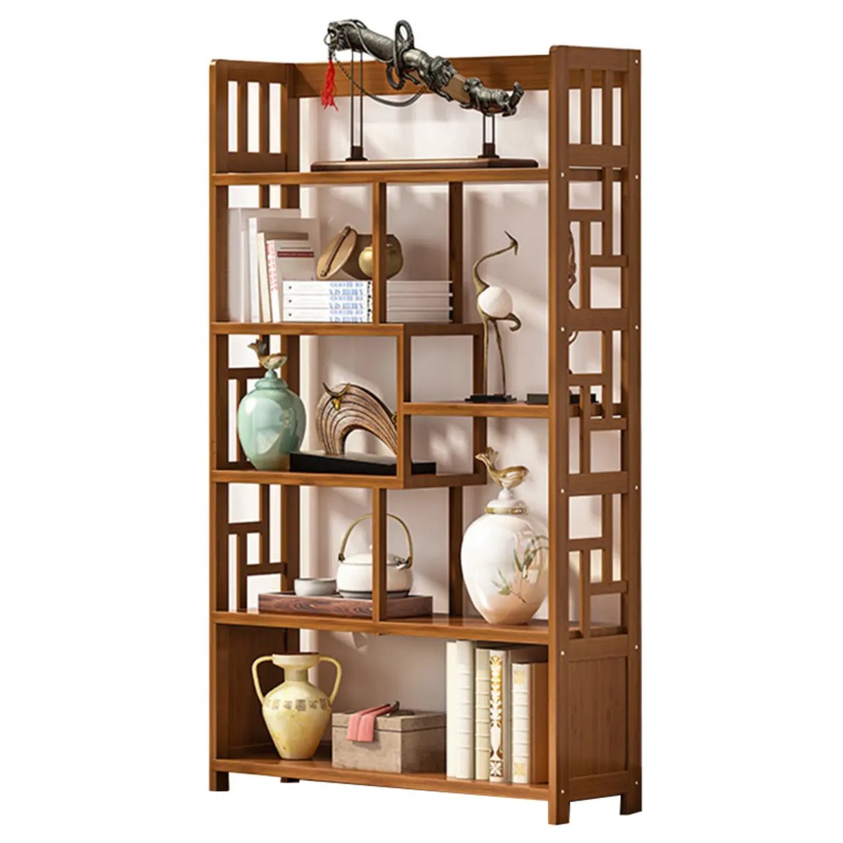 Vintage Natural Finish Open Bamboo Lattice Bookcase Image - 3