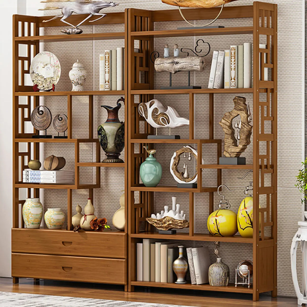 Vintage Natural Finish Open Bamboo Lattice Bookcase Image - 4