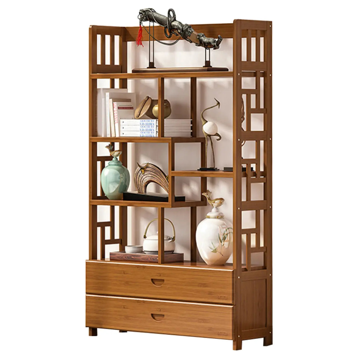 Vintage Natural Finish Open Bamboo Lattice Bookcase Image - 5