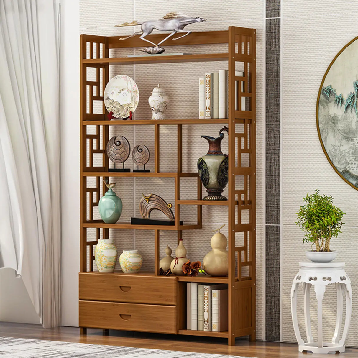 Vintage Natural Finish Open Bamboo Lattice Bookcase Image - 6