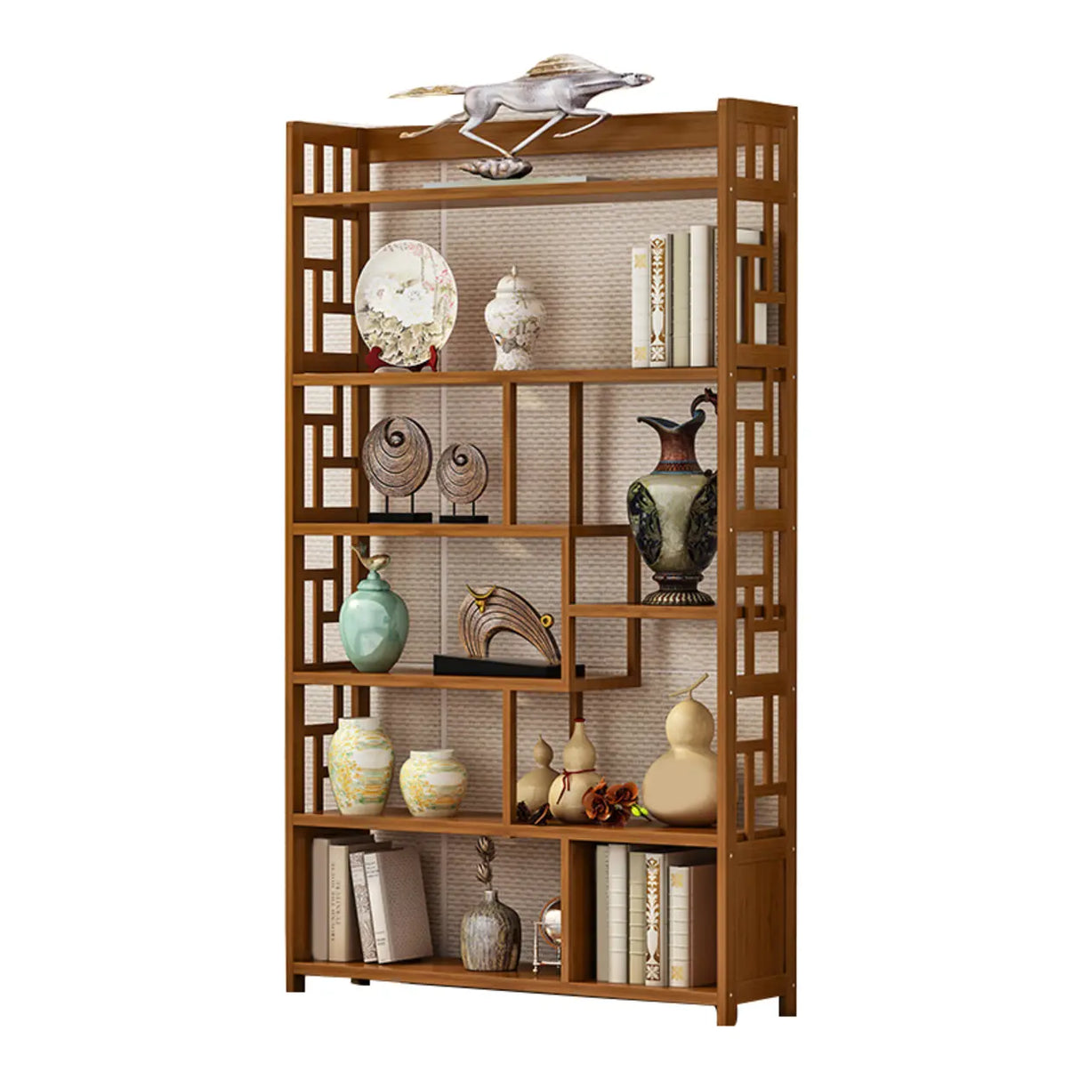 Vintage Natural Finish Open Bamboo Lattice Bookcase Image - 7