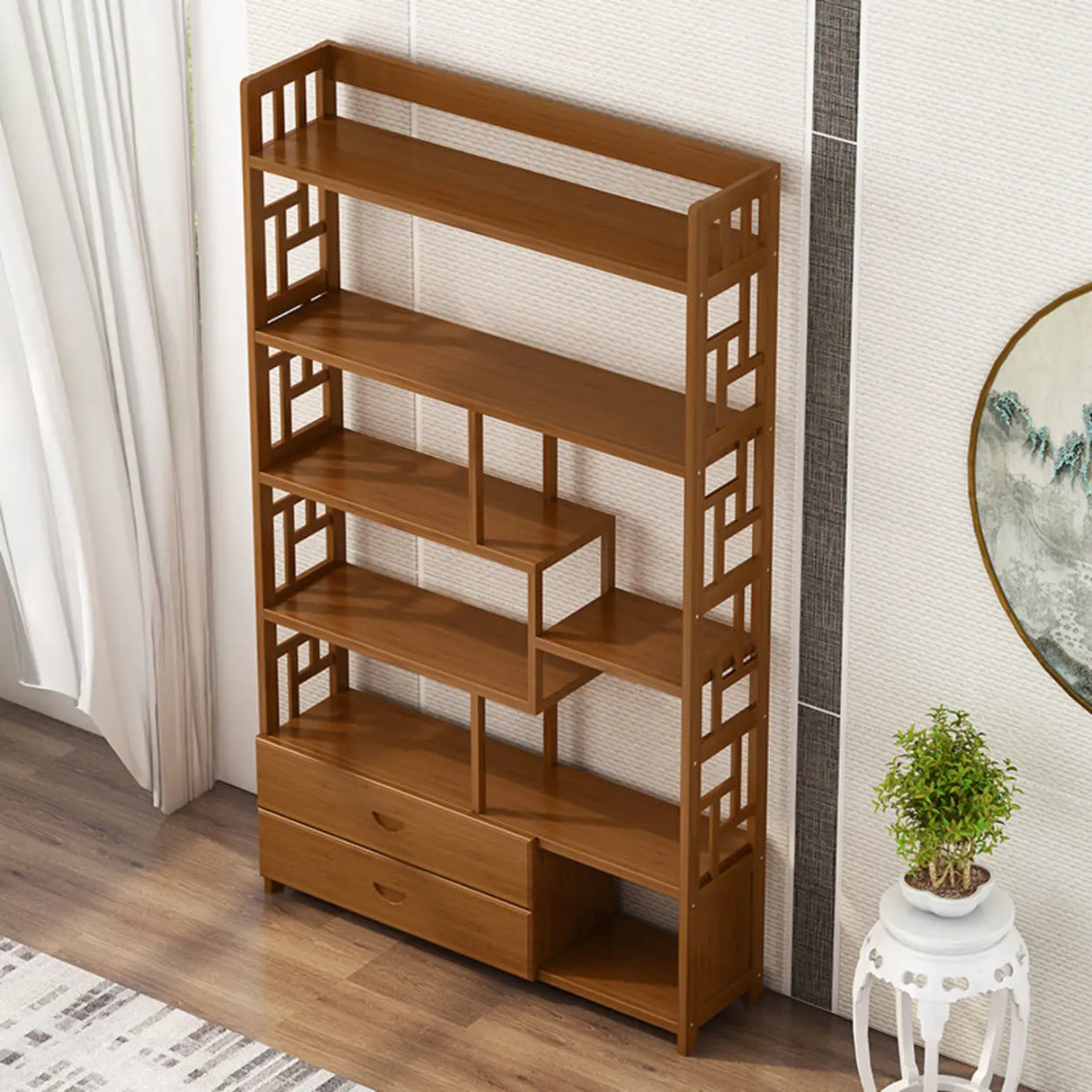Vintage Natural Finish Open Bamboo Lattice Bookcase Image - 8