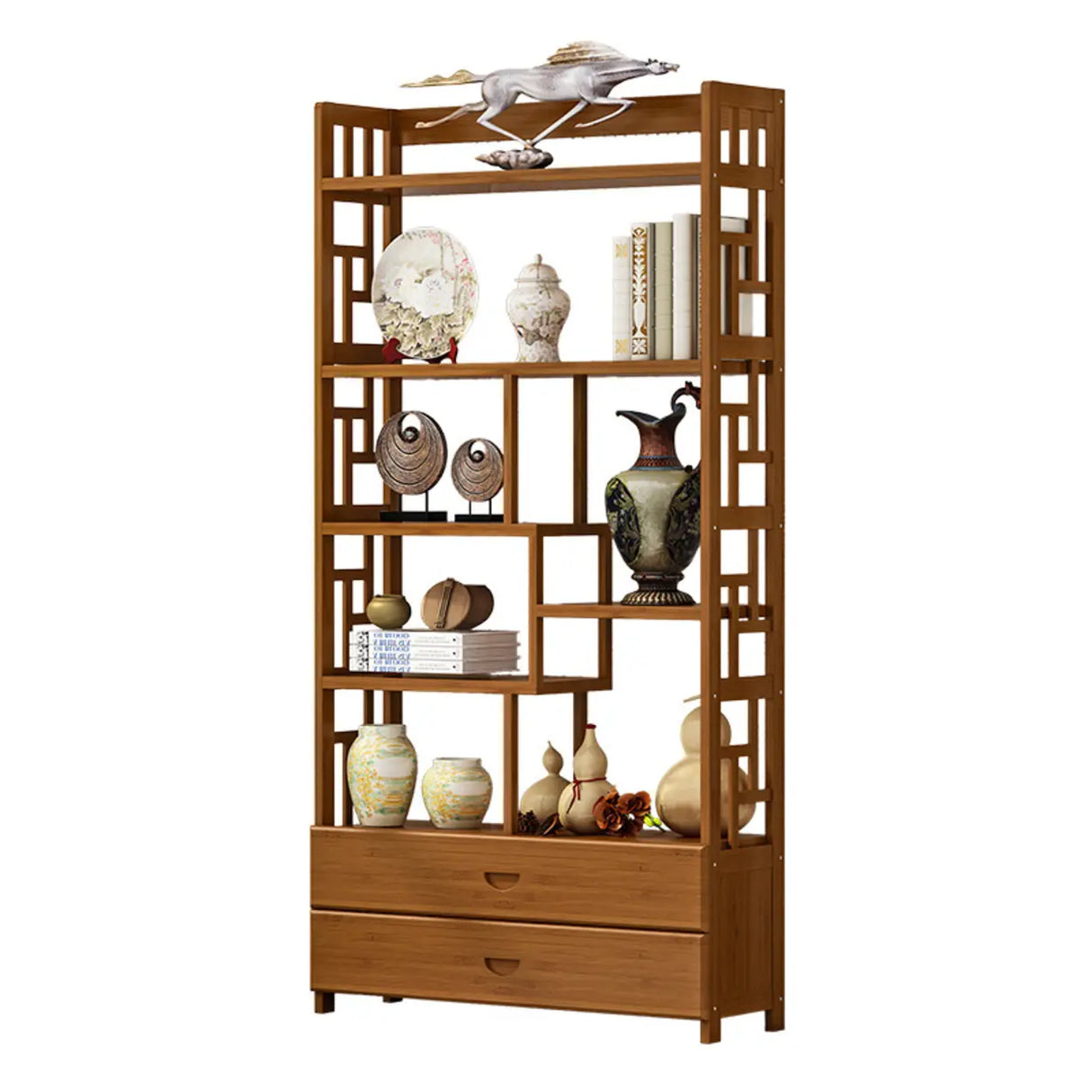 Vintage Natural Finish Open Bamboo Lattice Bookcase Image - 9