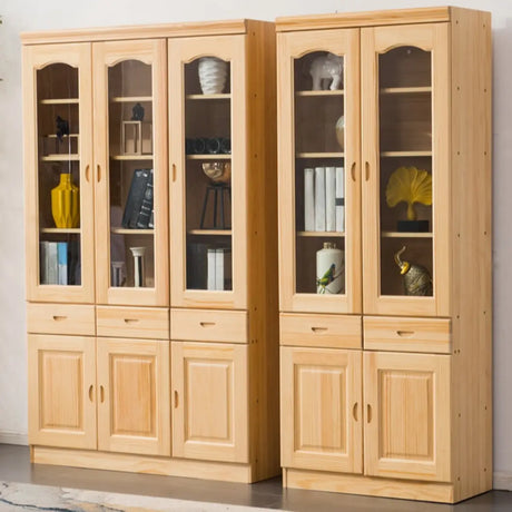Vintage Natural Finish Solid Wood Glass Door Bookcase Image - 1