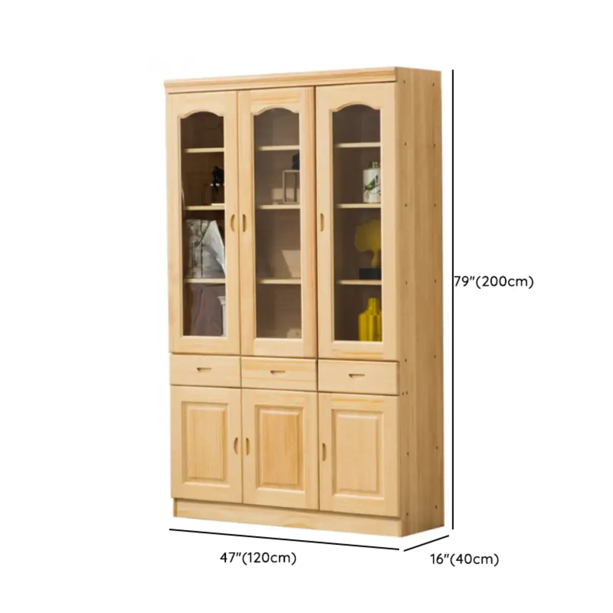 Vintage Natural Finish Solid Wood Glass Door Bookcase 