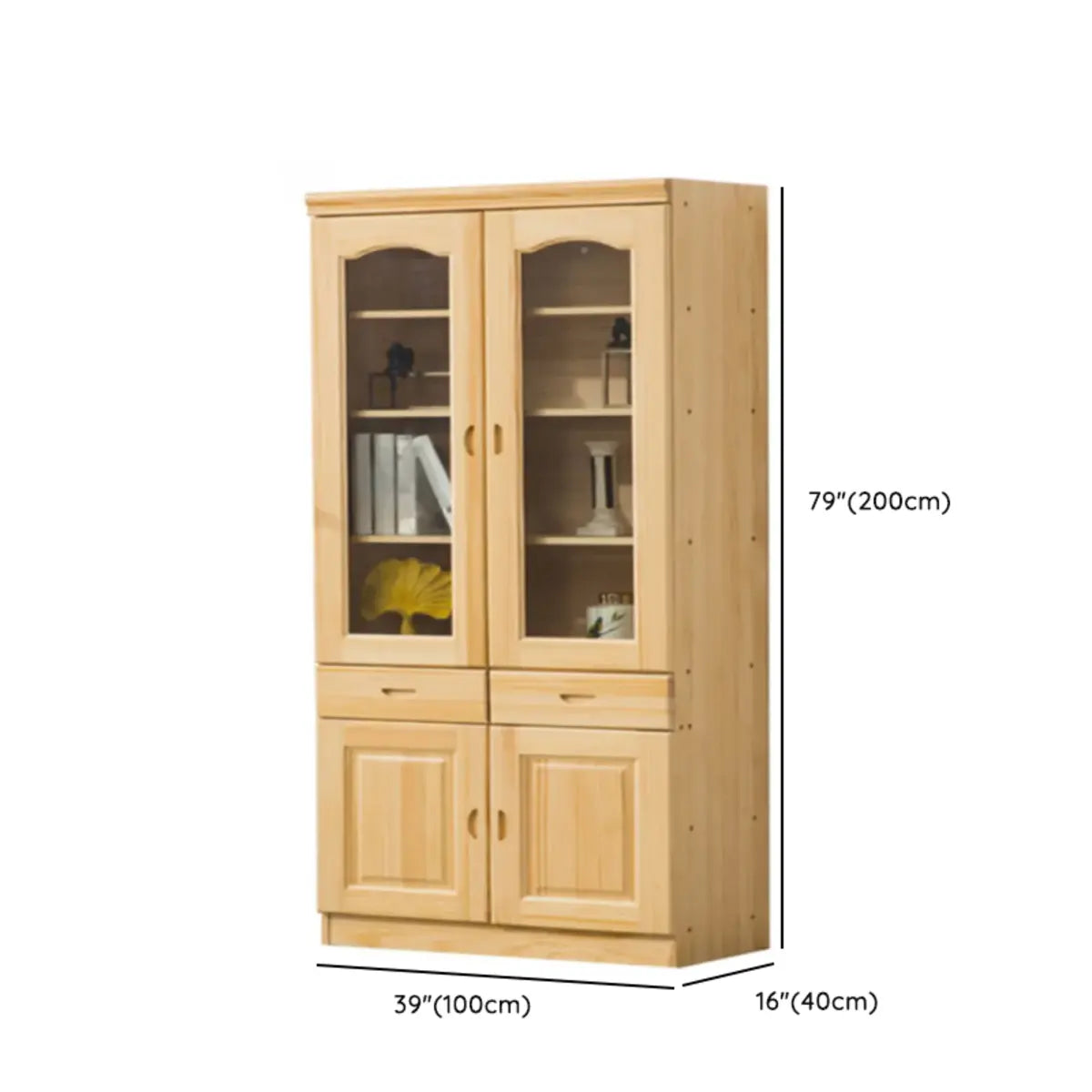 Vintage Natural Finish Solid Wood Glass Door Bookcase Image - 13