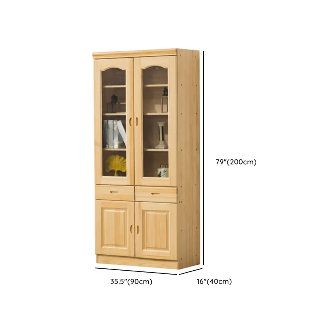 Vintage Natural Finish Solid Wood Glass Door Bookcase Image - 15