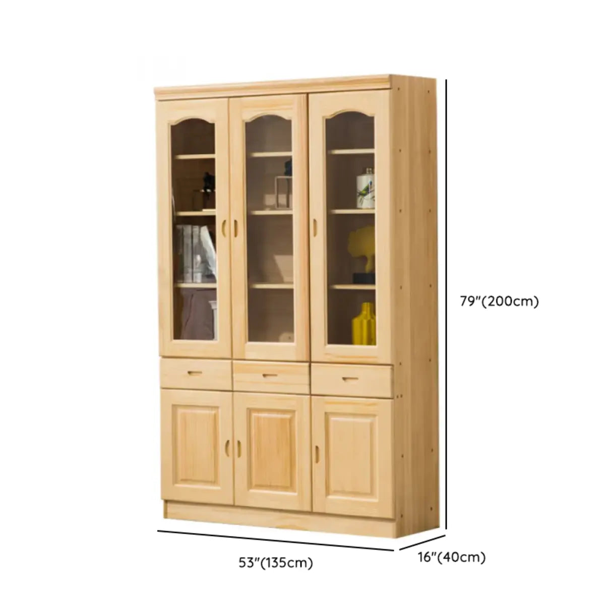 Vintage Natural Finish Solid Wood Glass Door Bookcase Image - 16