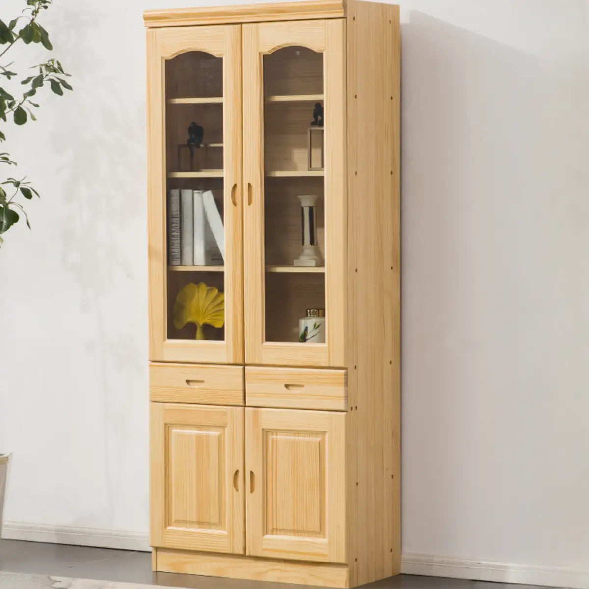 Vintage Natural Finish Solid Wood Glass Door Bookcase Image - 6