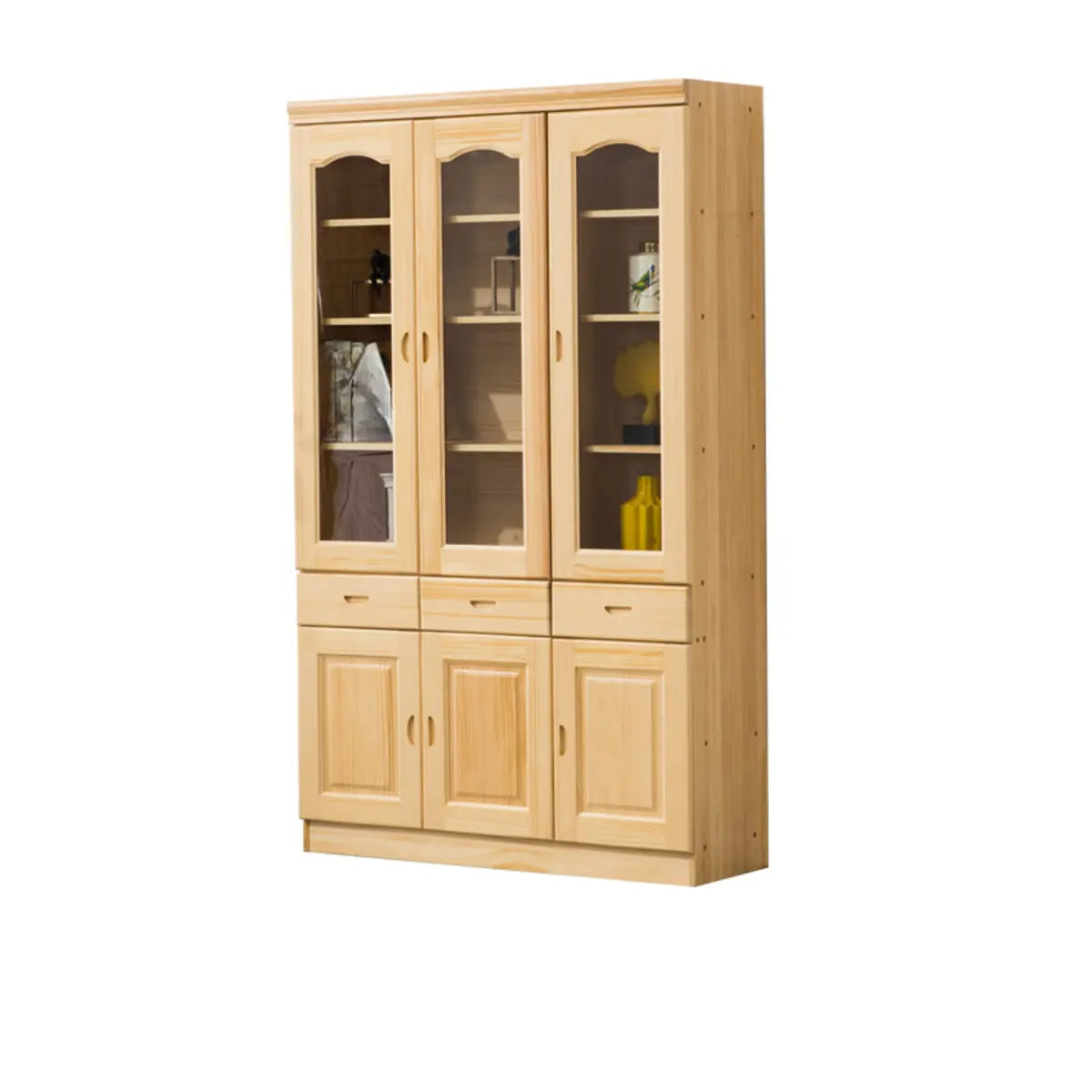 Vintage Natural Finish Solid Wood Glass Door Bookcase Image - 7