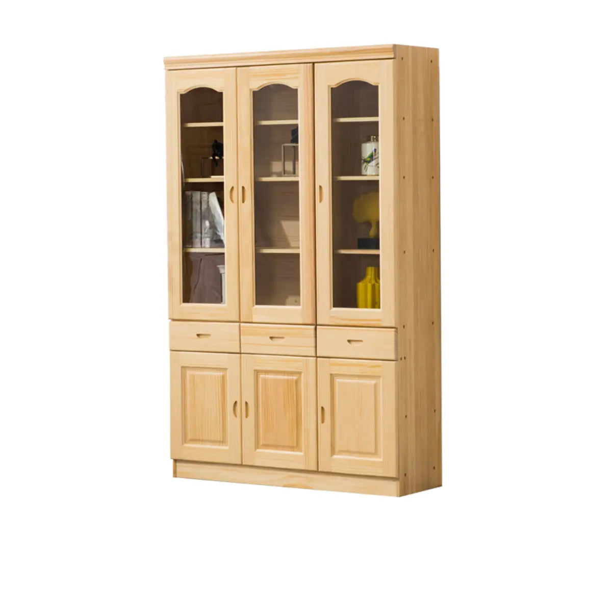 Vintage Natural Finish Solid Wood Glass Door Bookcase Image - 9