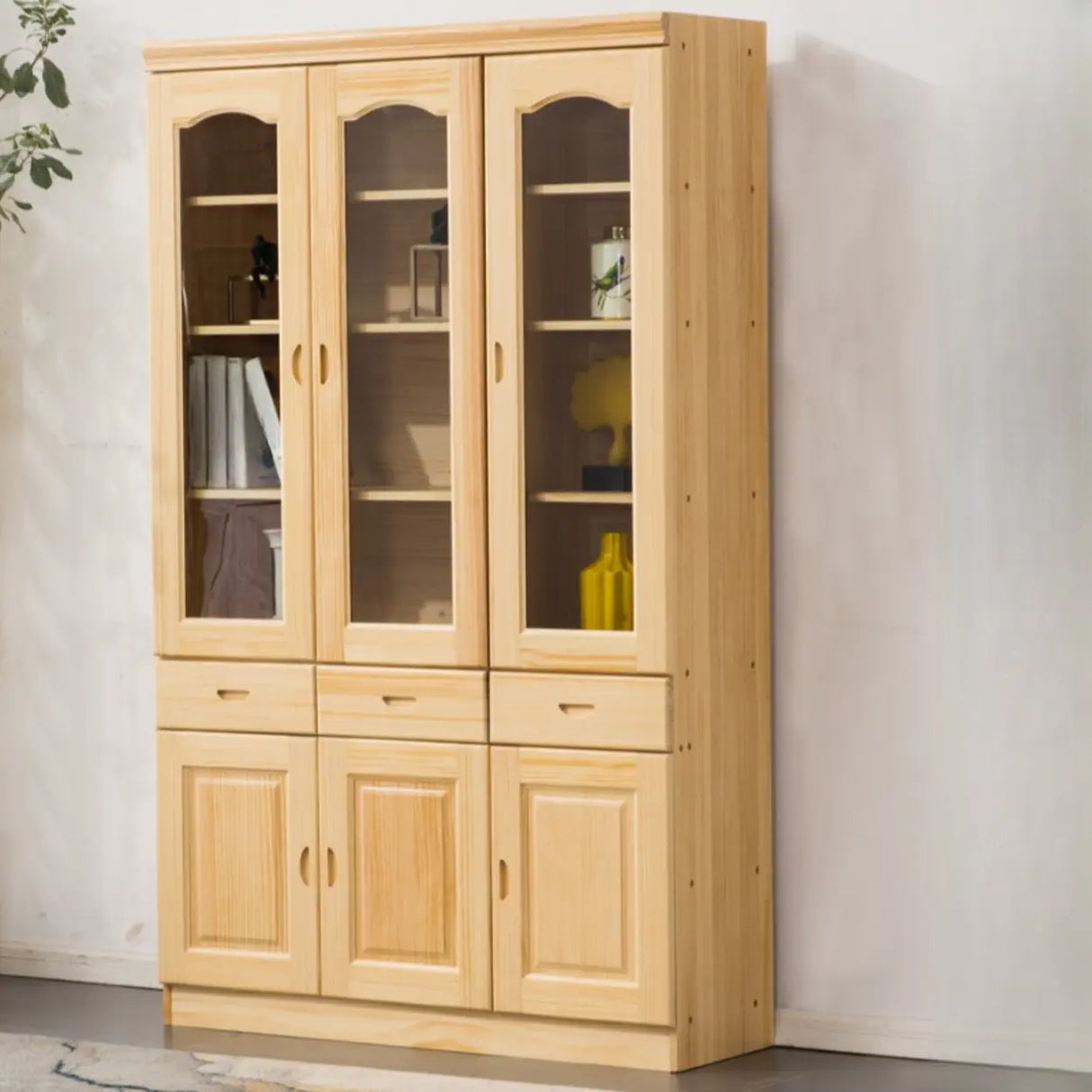 Vintage Natural Finish Wood Glass Door Bookcase Image - 4