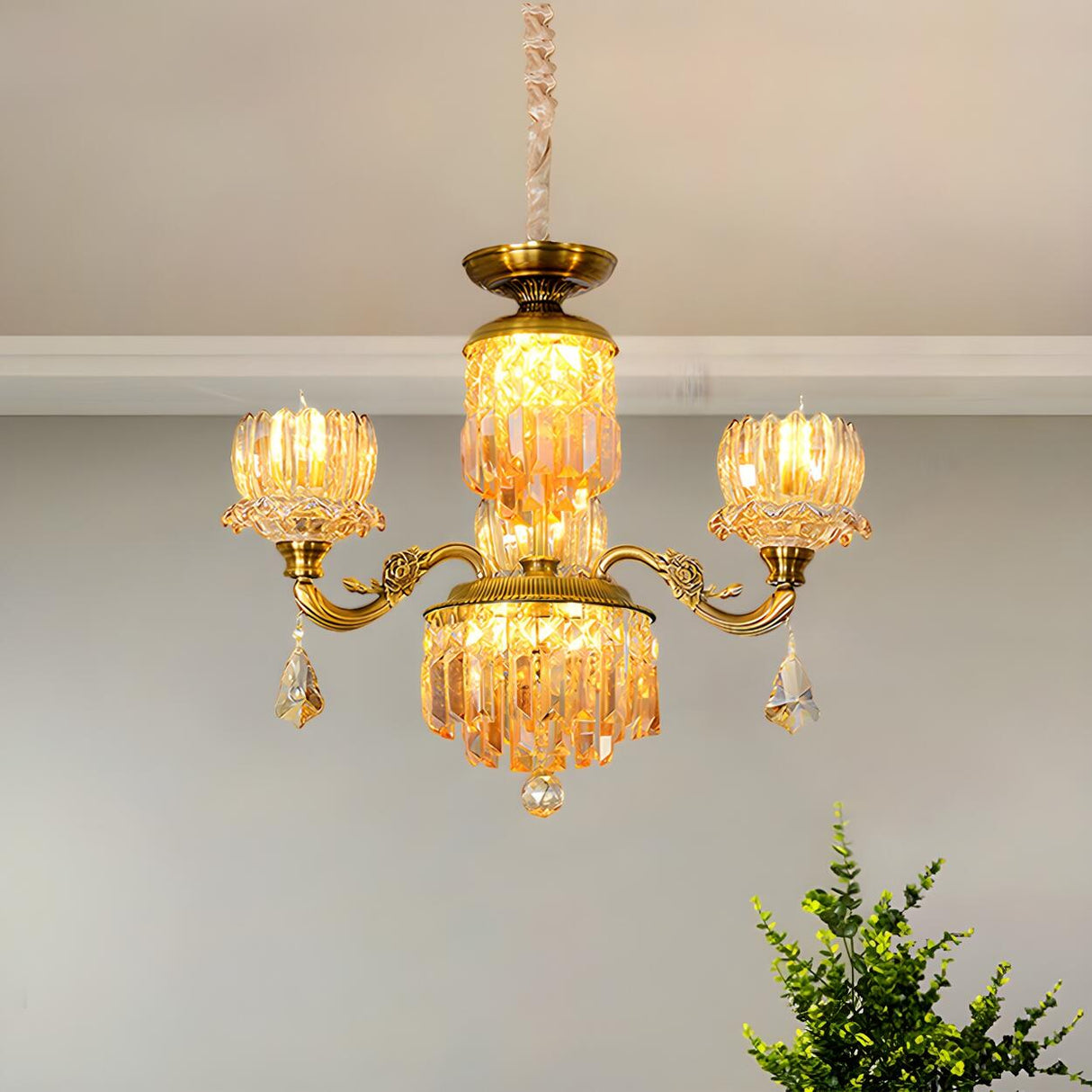 Vintage Ornate Gold Amber Crystal Flower Chandelier Image - 1