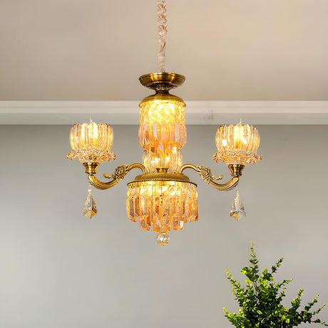 Vintage Ornate Gold Amber Crystal Flower Chandelier Image - 1
