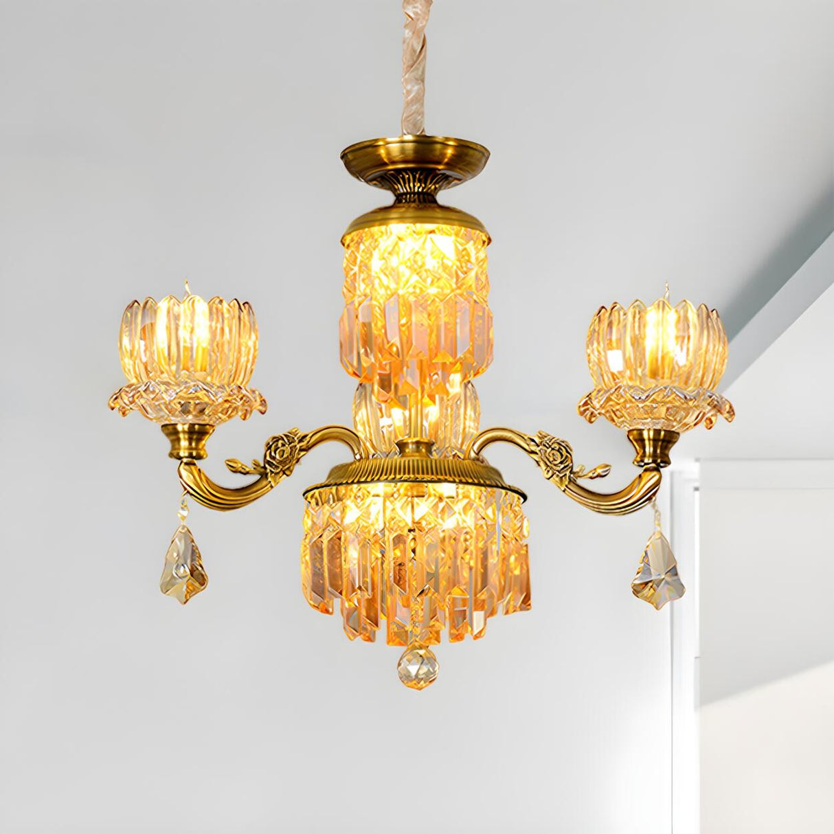 Vintage Ornate Gold Amber Crystal Flower Chandelier Image - 2