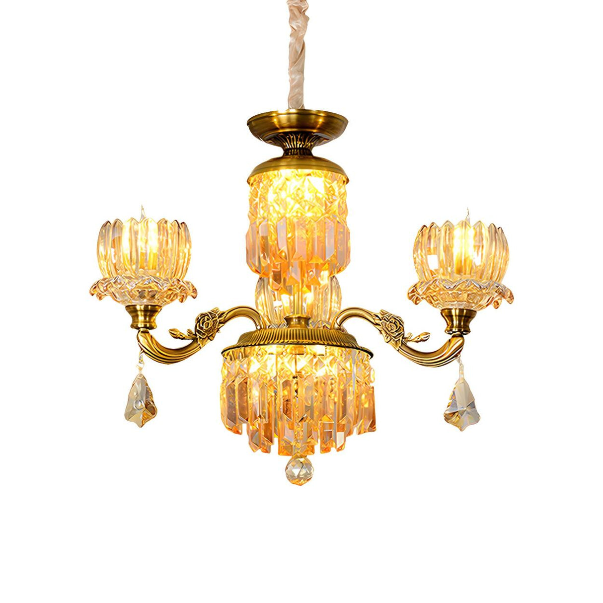 Vintage Ornate Gold Amber Crystal Flower Chandelier Image - 3