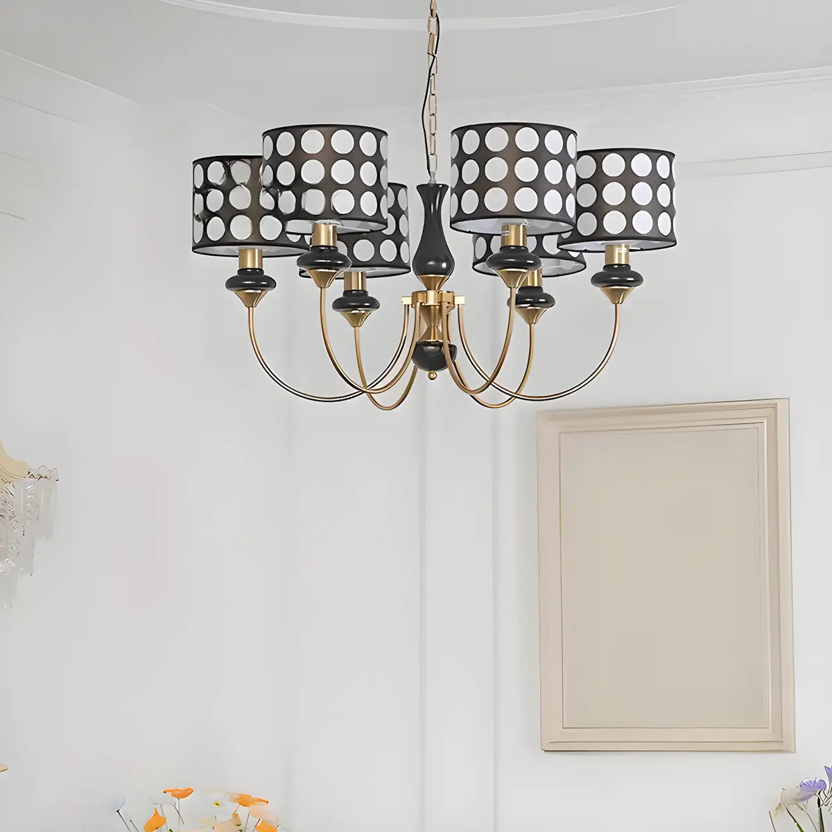 Vintage Polka Dot Fabric Living Room Black Chandelier Image - 15
