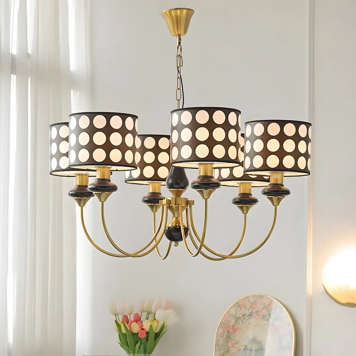 Vintage Polka Dot Fabric Living Room Black Chandelier Image - 16