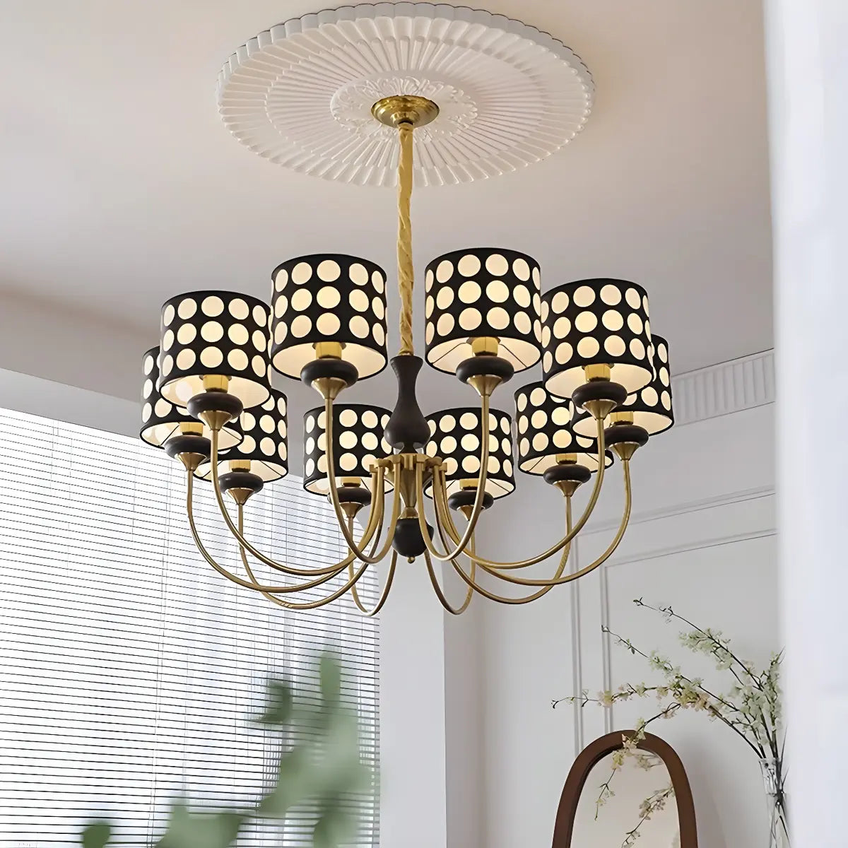 Vintage Polka Dot Fabric Living Room Black Chandelier Image - 4